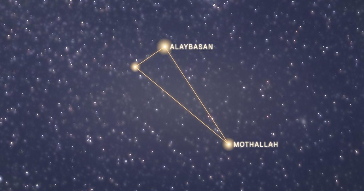 Les étoiles de la constellation du Triangle reliées en or dans un ciel semé d’étoiles, dont Alaybasan et Mothallah