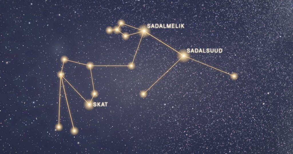 Les étoiles de la constellation du Verseau reliées en or sur un ciel étoilé, dont Sadalsuud, Sadalmelik et Skat
