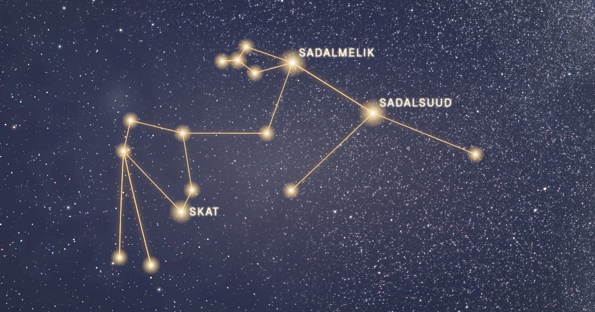Les étoiles de la constellation du Verseau reliées en or sur un ciel étoilé, dont Sadalsuud, Sadalmelik et Skat