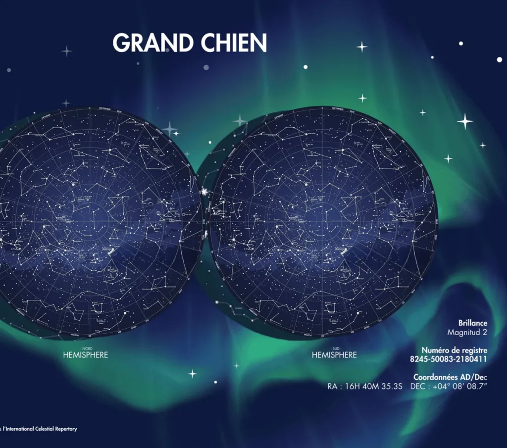Carte du ciel d’un baptême d’étoile indiquant le nom de l’étoile, sa constellation et ses coordonnées ascension droite et déclinaison