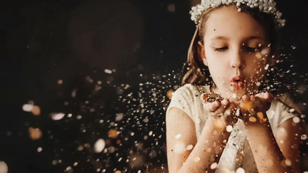 Petite fille d’honneur couronnée de fleurs soufflant des paillettes dorées dans la lumière du soir