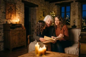 Une famille réunie chante à la lueur des bougies près d’un sapin, un livre de chants ouvert entre les mains, un soir d’hiver