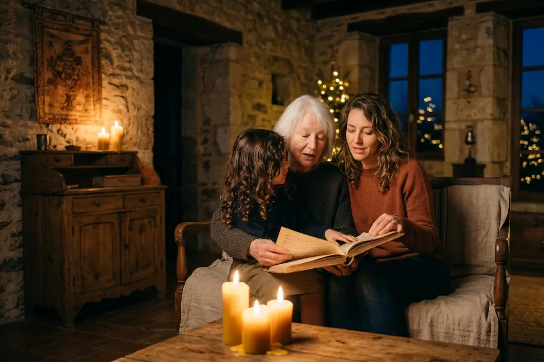 Une famille réunie chante à la lueur des bougies près d’un sapin, un livre de chants ouvert entre les mains, un soir d’hiver