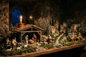 Crèche provençale à la bougie : santons, village de pierre, rois mages et petite étoile dorée suspendue au-dessus de l’étable