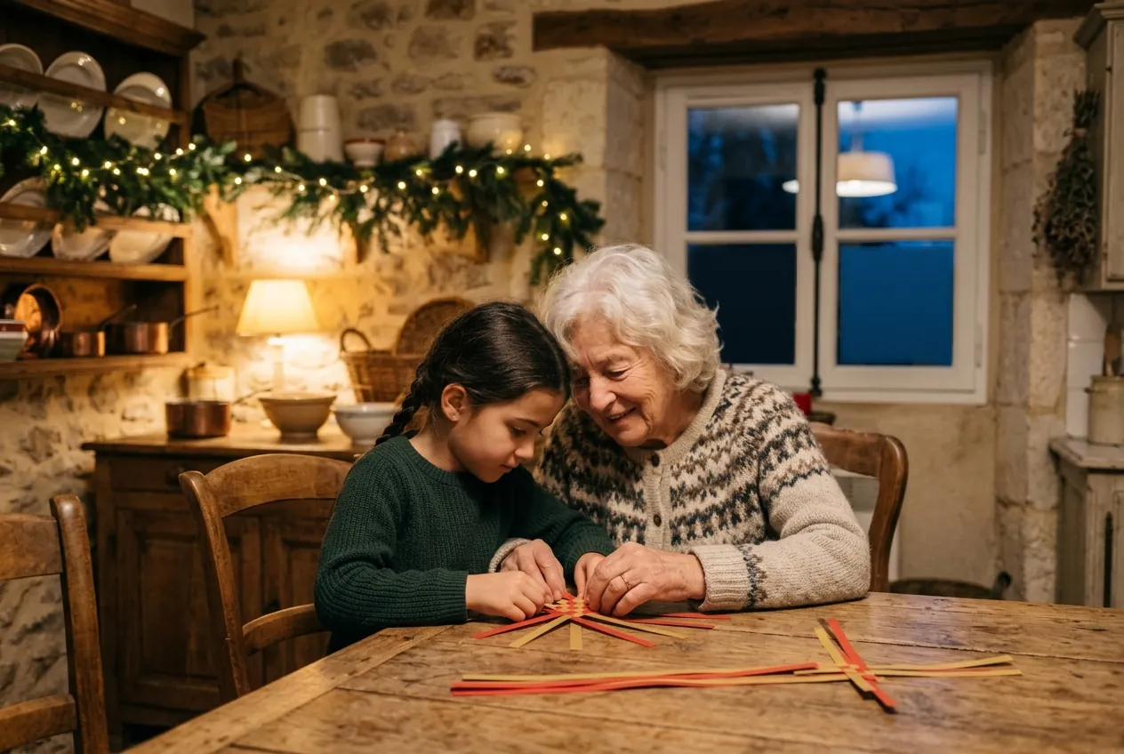 Une fillette et sa grand-mère tissent des bandes de papier rouge et or sur une table de cuisine en pierre, un soir de Noël