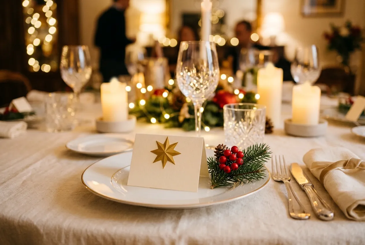 Une étoile dorée à huit branches sur un marque-place, posé dans une assiette blanche d’une table de Noël aux lumières chaudes