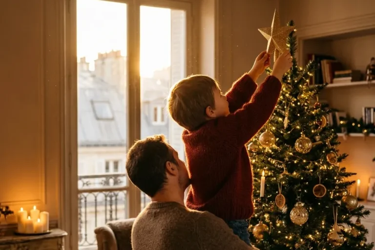 Un père soulève son enfant pour qu’il pose l’étoile dorée au sommet du sapin, dans un salon haussmannien au soleil du soir