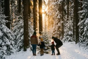 Une famille de dos choisit son petit sapin dans une forêt enneigée, sous le soleil doré qui filtre entre les troncs