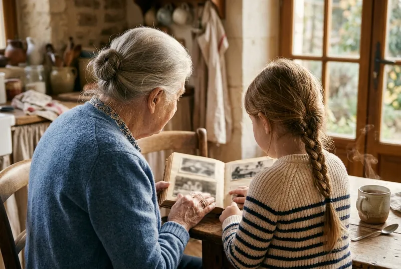 Une femme aux cheveux gris et une fillette à la longue natte, de dos, feuillettent un vieil album de photos dans une cuisine