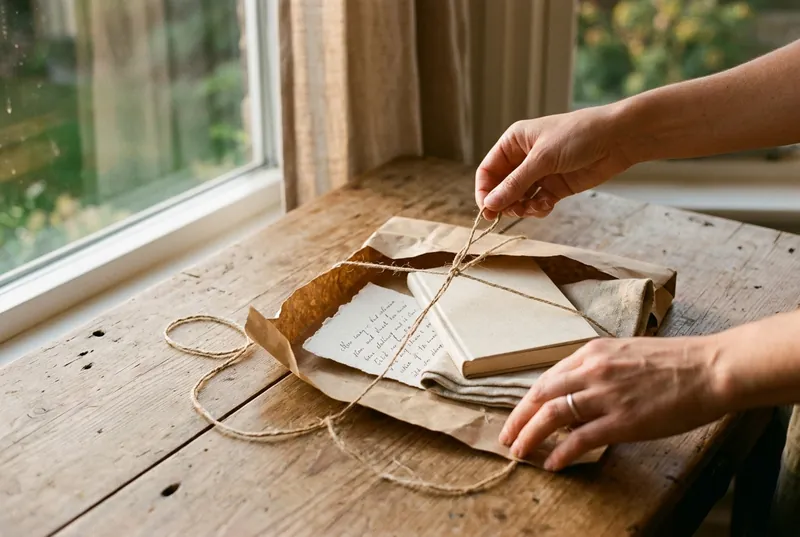Des mains dénouent la ficelle d’un colis de papier kraft qui contient une lettre, un livre et un linge