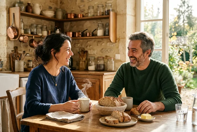 Un homme et une femme rient, attablés devant du pain et des tasses, dans la lumière du matin d’une cuisine de pierre