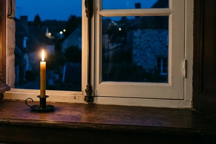 Une bougie allumée sur le rebord d’une fenêtre, à la tombée de la nuit, devant les toits et les lumières d’un village