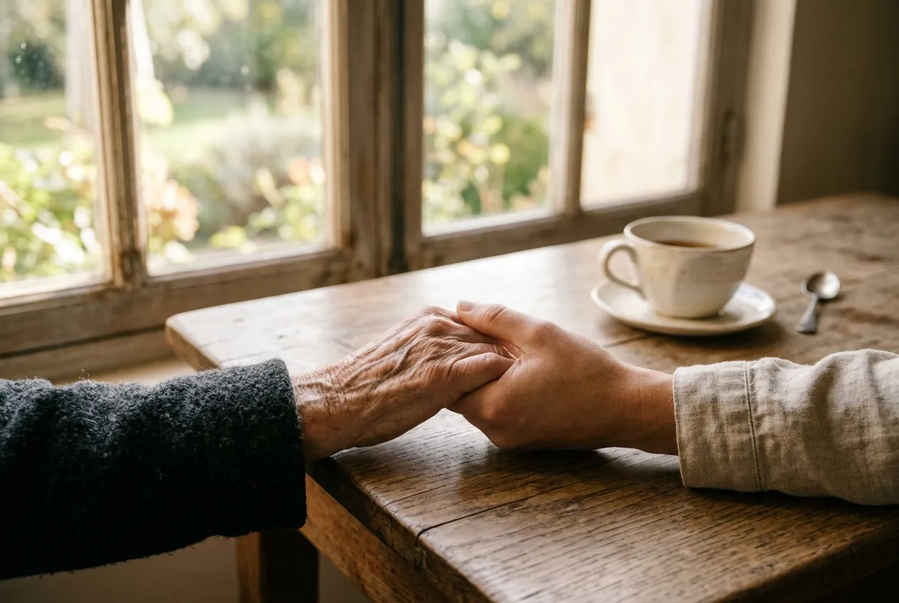 La main ridée d’une personne âgée tenue dans celle d’une personne plus jeune, sur une table de bois près d’une tasse de thé