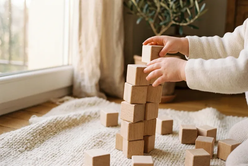 Des mains d’enfant empilent des cubes de bois Les petites mains d’un jeune enfant posent un cube de bois au sommet d’une tour, sur un tapis clair près d’une fenêtre