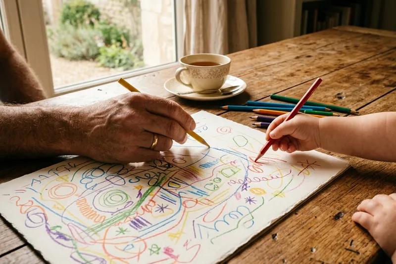 Un adulte et un enfant dessinent ensemble La main d’un adulte, à l’alliance, et celle d’un jeune enfant dessinent ensemble au crayon de couleur sur une grande feuille