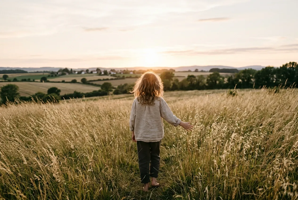 Un enfant aux cheveux ondulés, de dos, marche pieds nus dans les hautes herbes d’une colline, au coucher du soleil