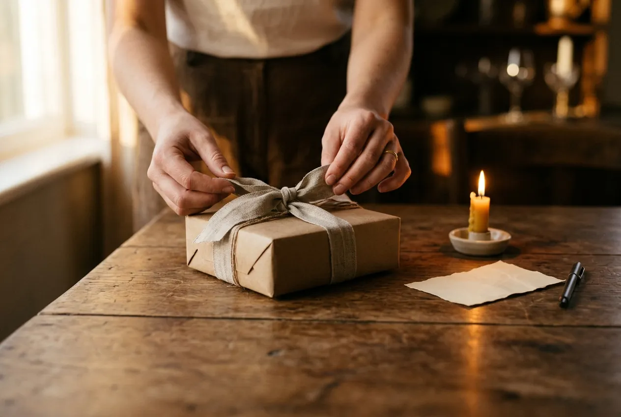 Des mains nouent un ruban de lin autour d’un petit paquet de papier kraft, posé sur une table de bois, dans une lumière dorée