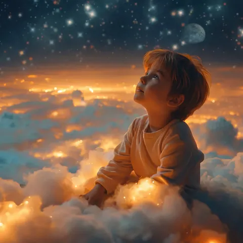 Un adulte porte dans ses bras un enfant en pyjama rayé ; de dos, ils regardent par la fenêtre un ciel plein d’étoiles