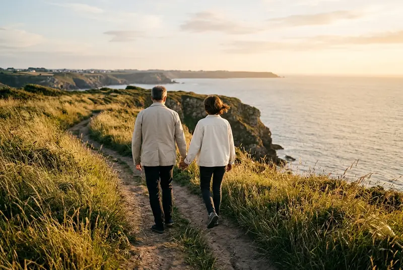 Un couple marche main dans la main sur un sentier de falaise Un couple, vu de dos, marche main dans la main sur un sentier de falaise au bord de la mer, dans la lumière dorée du soir