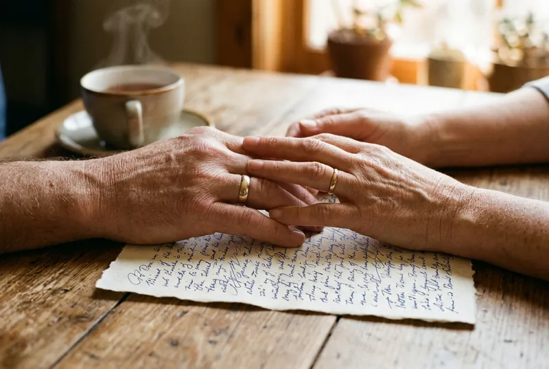 Des mains aux alliances posées sur une lettre manuscrite Des mains aux alliances, l’une sur l’autre, posées sur une lettre manuscrite, à une table de bois près d’une tasse de thé