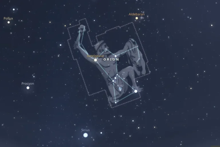 Constellation d’Orion avec Bételgeuse et Rigel dans Stellarium Web, outil gratuit pour localiser son étoile