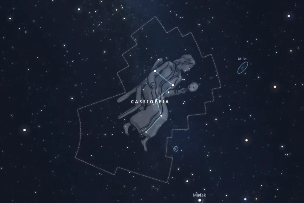 Constellation de Cassiopée en forme de W et galaxie d’Andromède M31 pour repérer son étoile dans le ciel nocturne