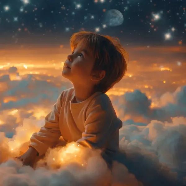 Enfant levant les yeux vers un ciel étoilé pour voir son étoile dans le ciel la nuit