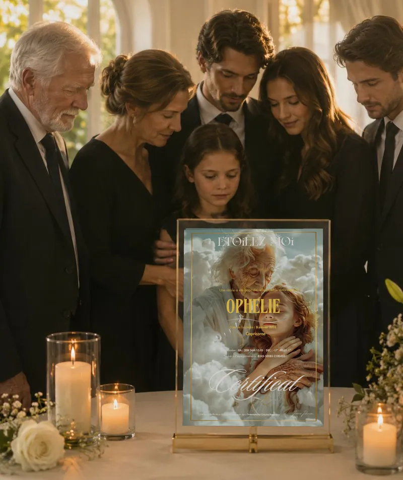 Une famille réunie autour du certificat d’étoile d’Ophélie, entre bougies et roses blanches
