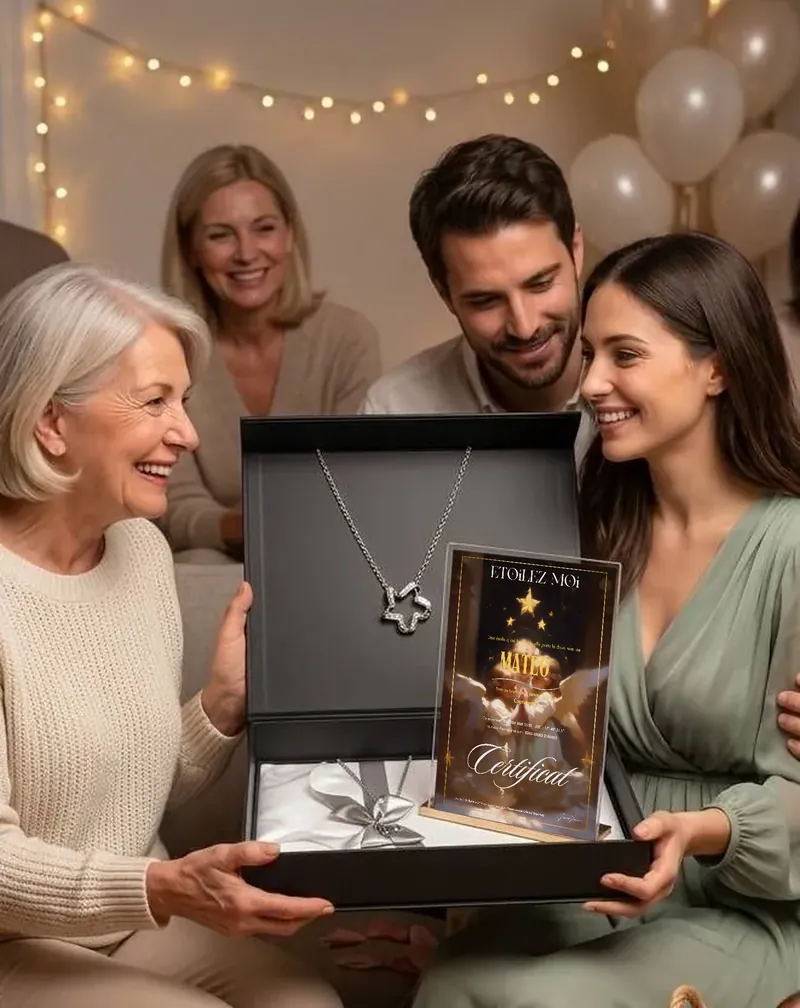 Trois générations réunies : une grand-mère ouvre un coffret d’étoile et son pendentif, entourée des siens