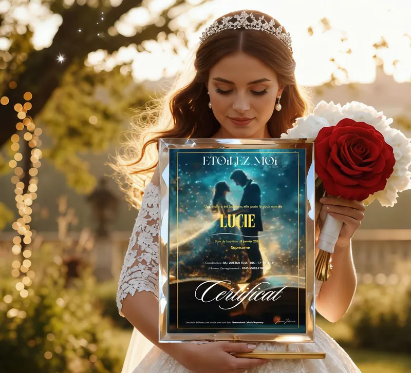 Une mariée dans la lumière dorée du soir tient contre elle son certificat d’étoile encadré, un bouquet de roses à la main