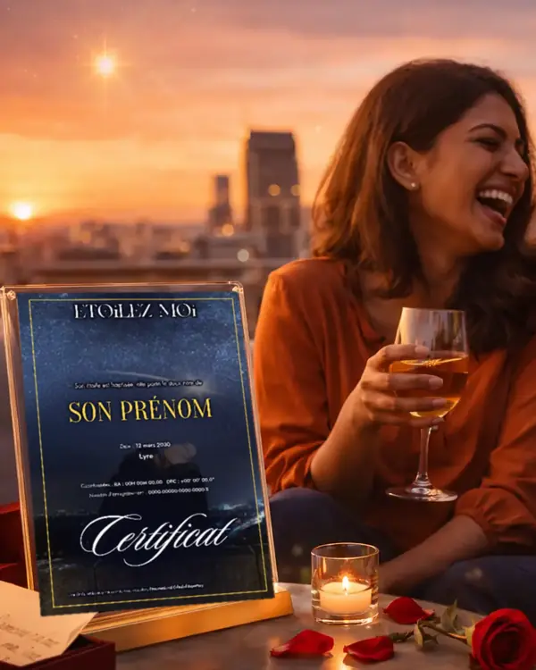 Une personne rit au coucher du soleil, un verre à la main, près d’un certificat d’étoile et d’une bougie.