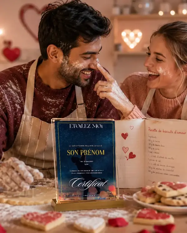 Un couple complice, de la farine sur le visage, prépare des biscuits en cœur près d’un certificat d’étoile.