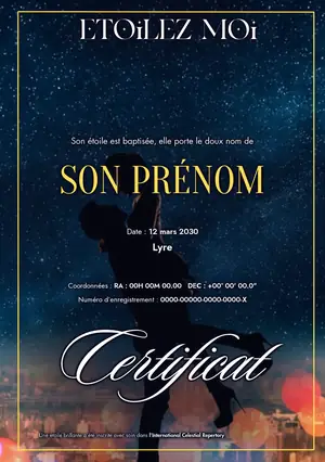 Certificat d’étoile d’exemple pour la Saint-Valentin : couple enlacé sous les étoiles, « SON PRÉNOM »