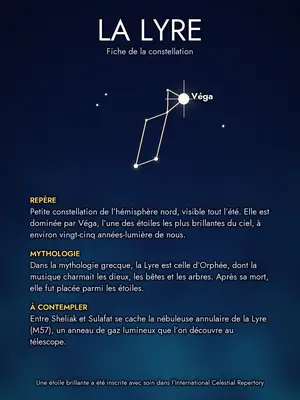 Fiche illustrée de la constellation de la Lyre : tracé doré et trois courts textes (repère, mythologie, à contempler)