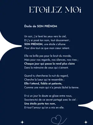 Poème d’exemple sur fond bleu nuit, intitulé « Étoile de SON PRÉNOM »