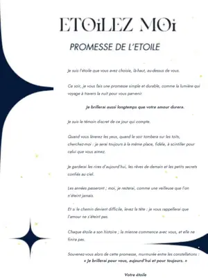 Exemple de promesse de l’étoile, écrite comme la voix de l’étoile, sur fond blanc orné d’étoiles