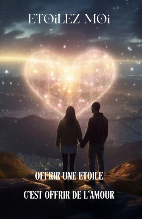 Couverture du dossier Étoilez Moi : un couple de dos, main dans la main, face à un cœur de lumière au-dessus de la ville, « Offrir une étoile, c’est offrir de l’amour »