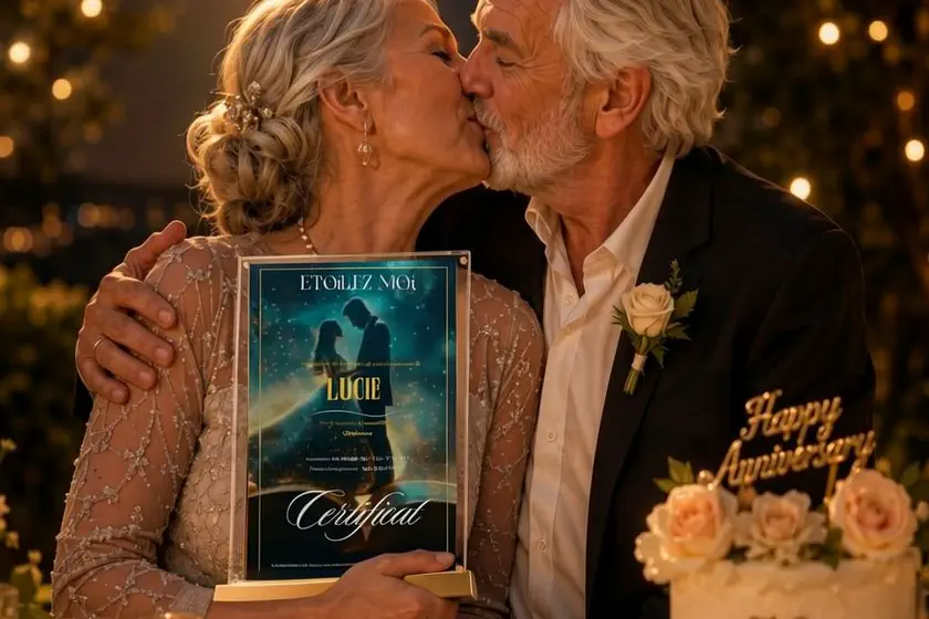 Couple âgé s’embrassant, un certificat d’étoile à la main, Noces