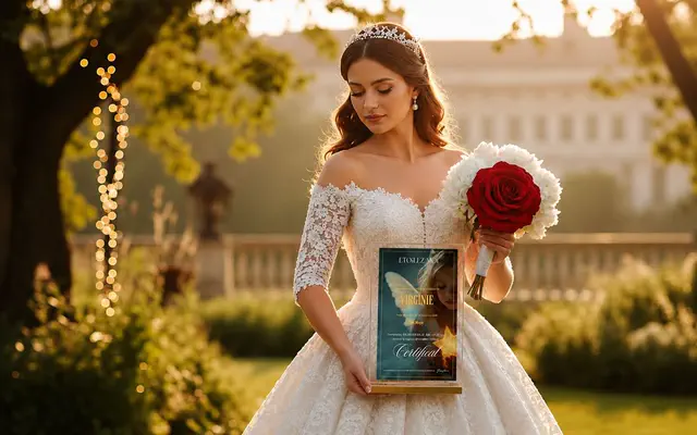 Mariée tenant un bouquet et un certificat d’étoile, Fiançailles