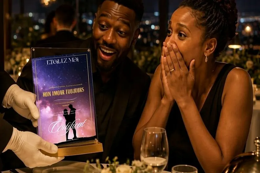 Couple ému découvrant un certificat d’étoile au restaurant, Saint-Valentin