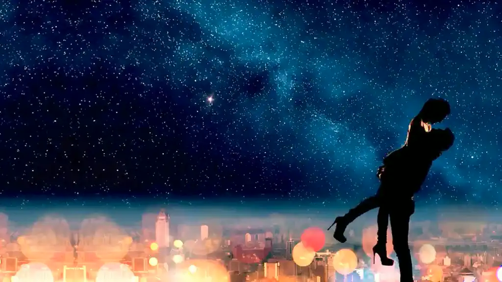Couple enlacé sous un ciel étoilé, univers Amour