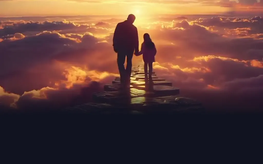 Un père et son enfant marchant vers le soleil couchant, univers Souvenir