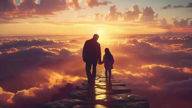 Un père et son enfant marchant vers le soleil couchant, univers Souvenir
